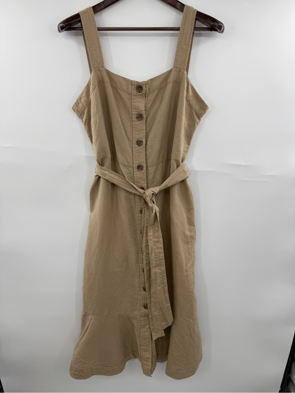 Banana Republic Women 12 Linen Blend Button Front Midi Dress Flax Tan Belted